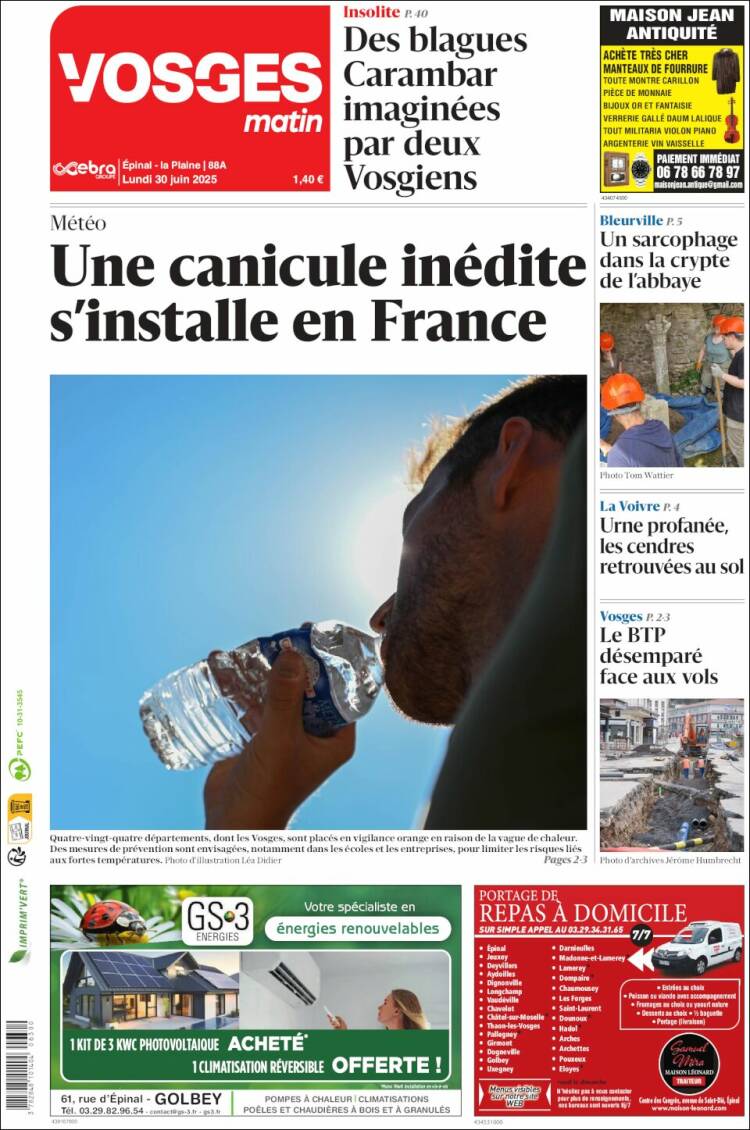 Portada de Vosges Matin (Francia)