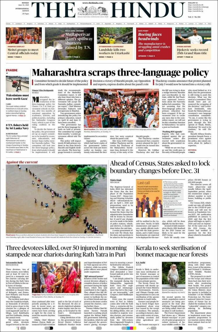 Portada de The Hindu (India)