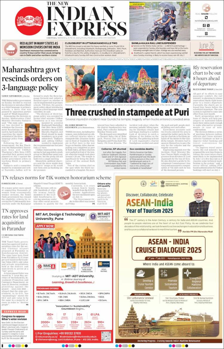 Portada de New Indian Express (India)