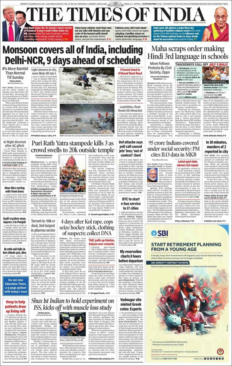 Portada de The Times of India (India)