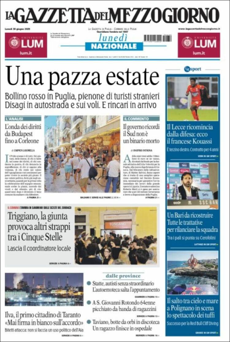 Portada de La Gazzetta del Mezzogiorno (Italia)