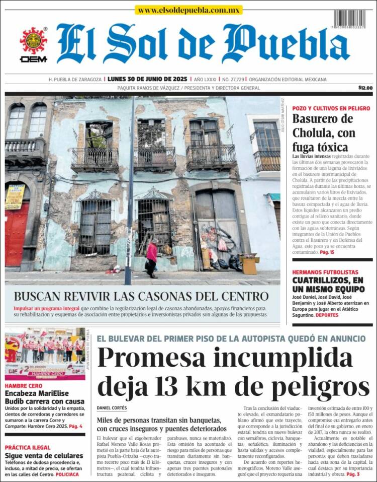Portada de El Sol de Puebla (México)