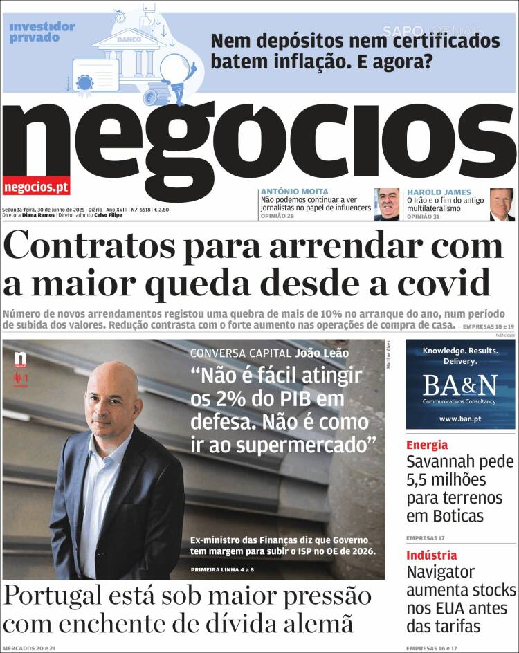 Portada de Jornal de Negócios (Portugal)