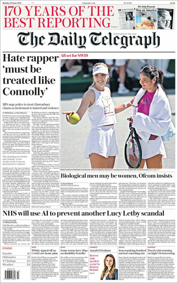 Portada de Daily Telegraph (Reino Unido)