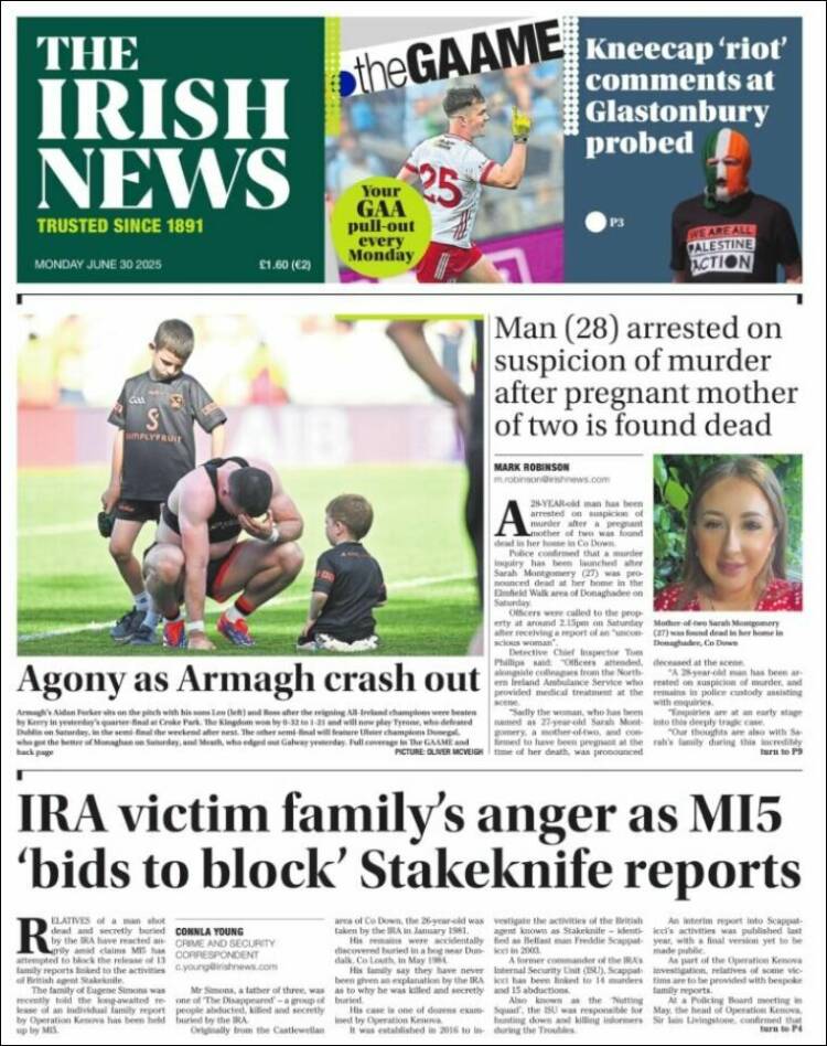 Portada de Irish News (Reino Unido)