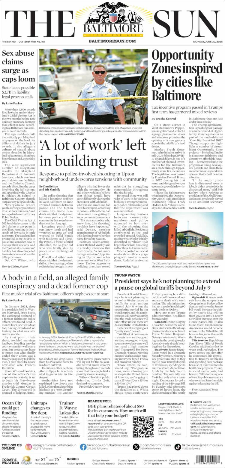 Portada de The Baltimore Sun (États-Unis)