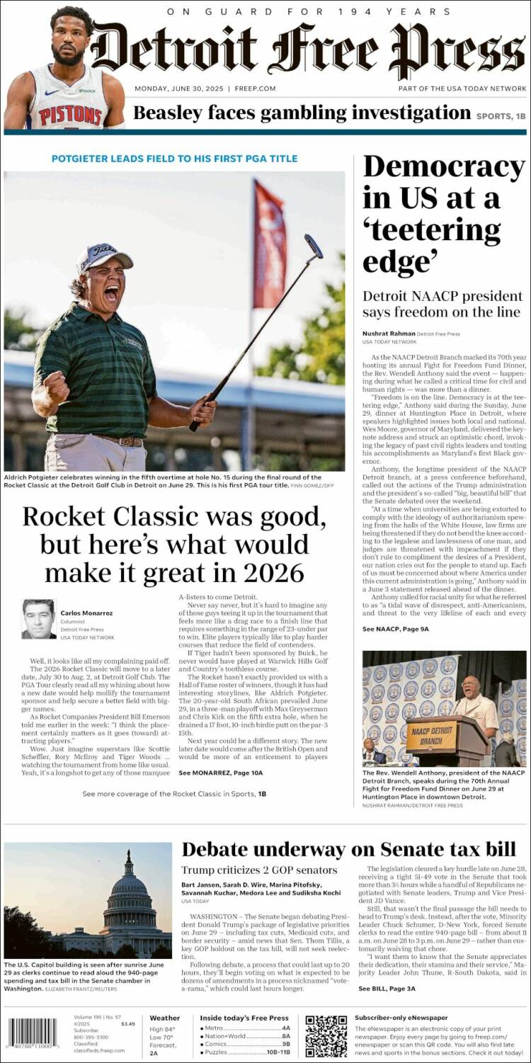 Portada de Detroit Free Press (USA)