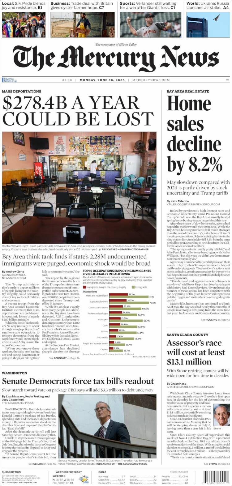Portada de San Jose Mercury News (USA)