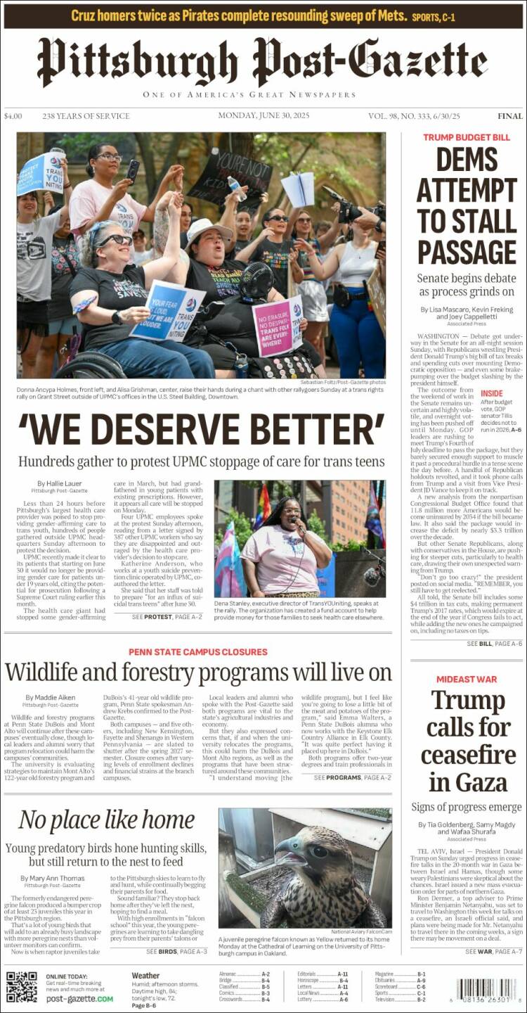 Portada de Pittsburgh Post-Gazette (USA)