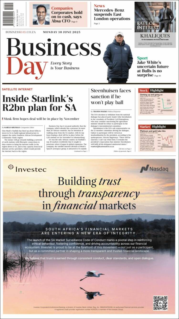 Portada de Business Day (Afrique du Sud)