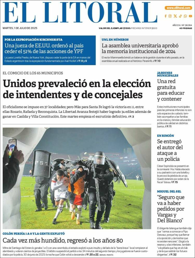 Portada de Diario El Litoral (Argentina)
