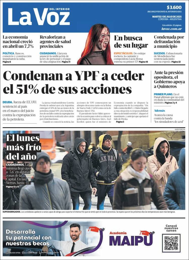 Portada de La Voz del Interior (Argentina)