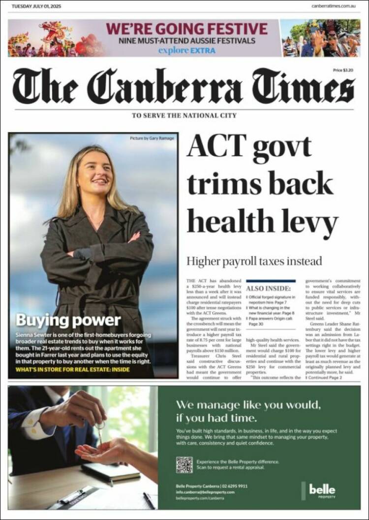 Portada de The Canberra Times (Australia)
