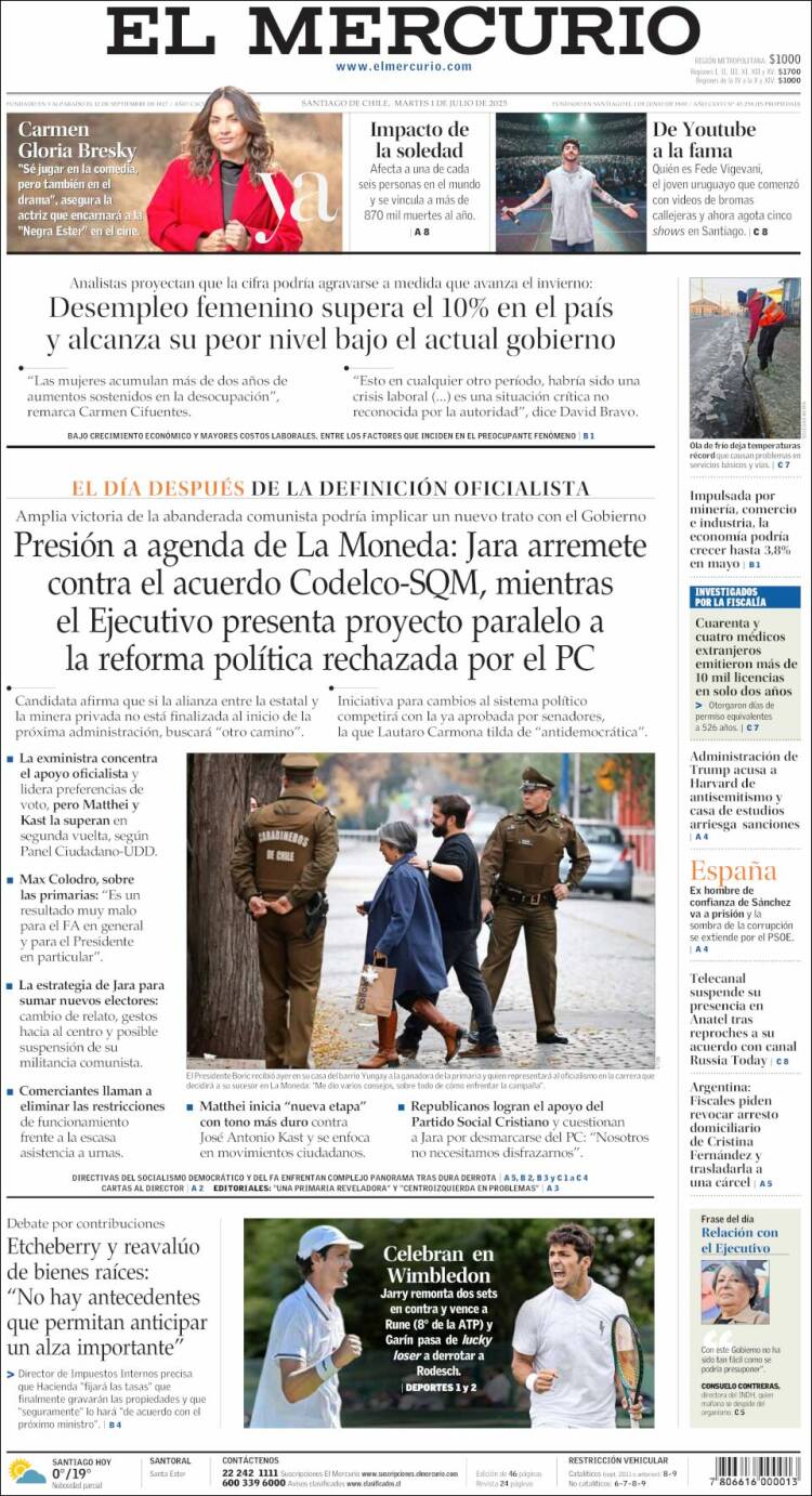 Portada de El Mercurio (Chili)