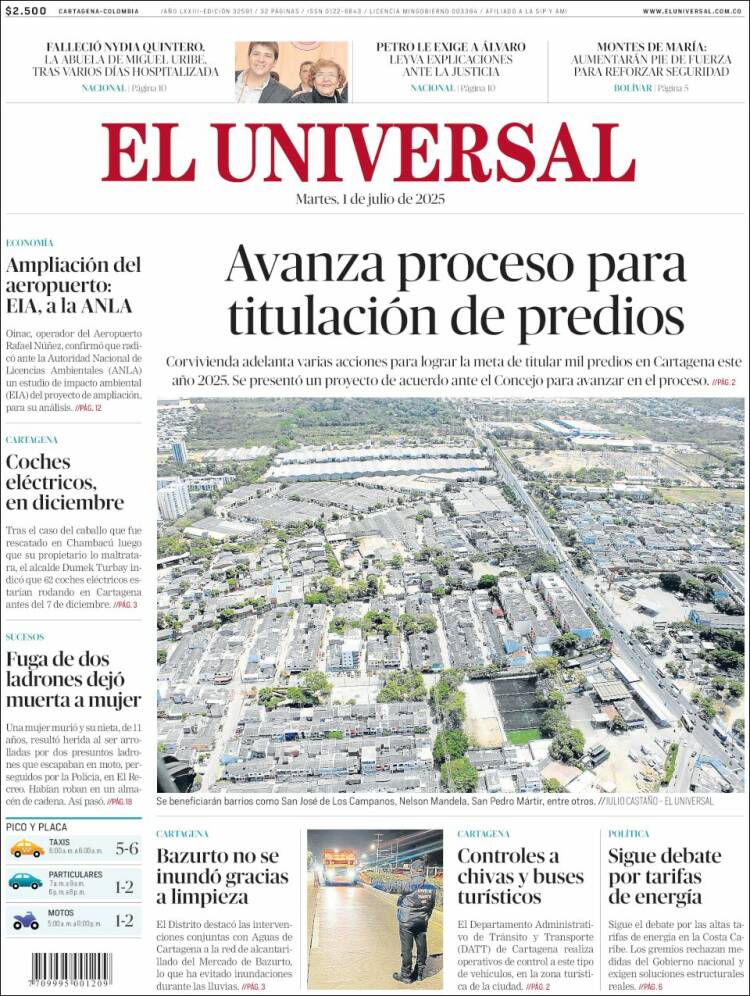 Portada de El Universal (Colombia)