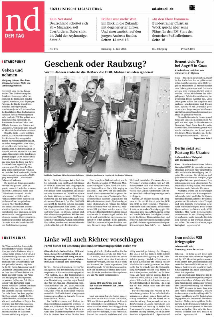 Portada de Neues Deutschland (Alemania)