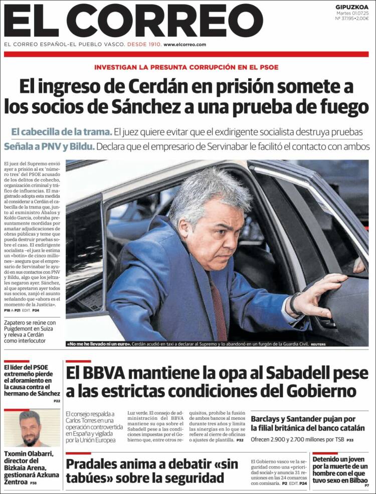 Portada de El Correo - Guipuzcoa (España)