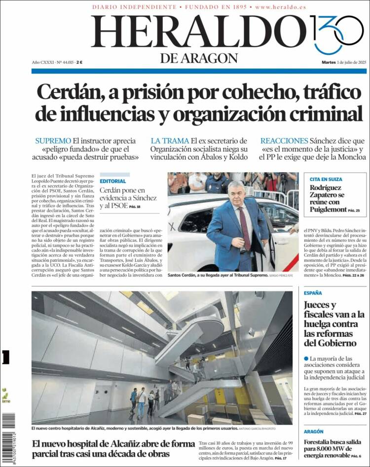 Portada de Heraldo de Aragón (España)