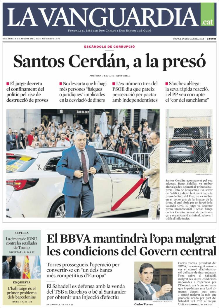 Portada de La Vanguardia (Espagne)