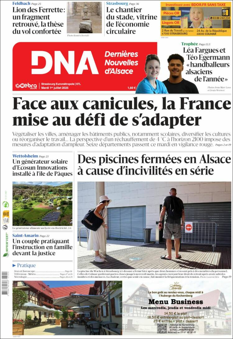 Portada de Les Dernières Nouvelles d'Alsace (Francia)
