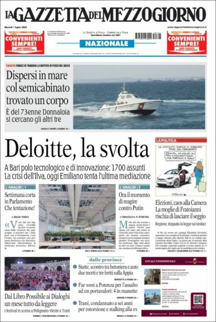 Portada de La Gazzetta del Mezzogiorno (Italia)