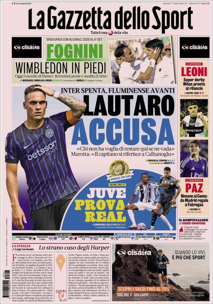 Portada de La Gazzetta dello Sport (Italia)