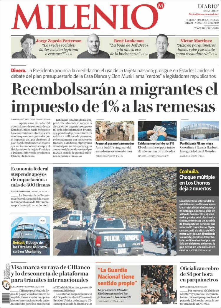 Portada de Milenio de Monterrey (México)