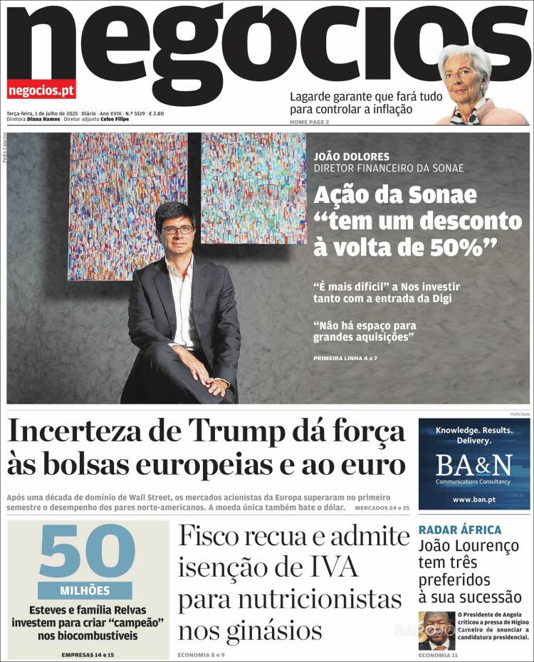 Portada de Jornal de Negócios (Portugal)