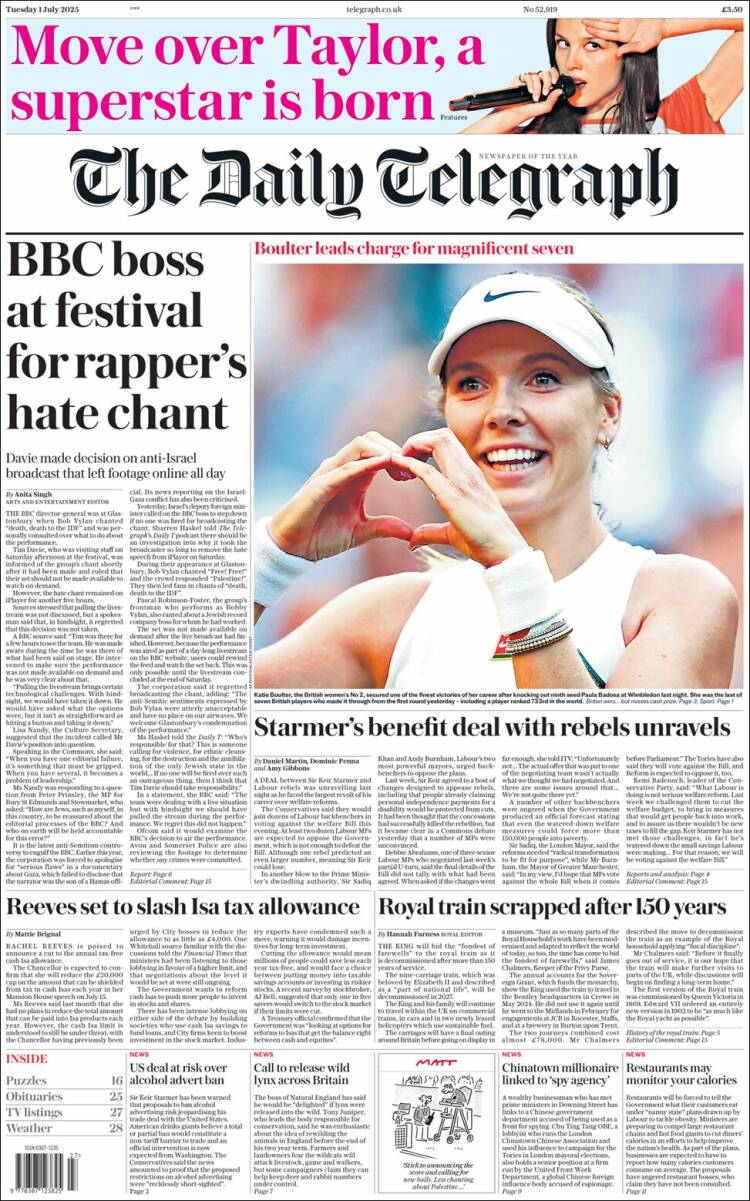 Portada de Daily Telegraph (Royaume-Uni)