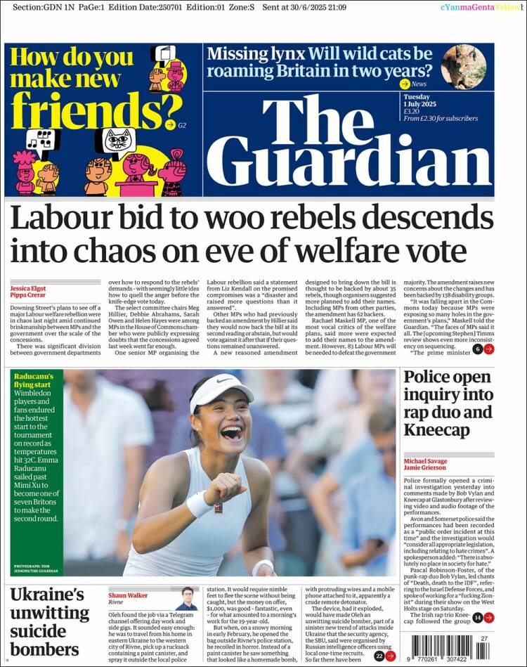 Portada de The Guardian (Reino Unido)