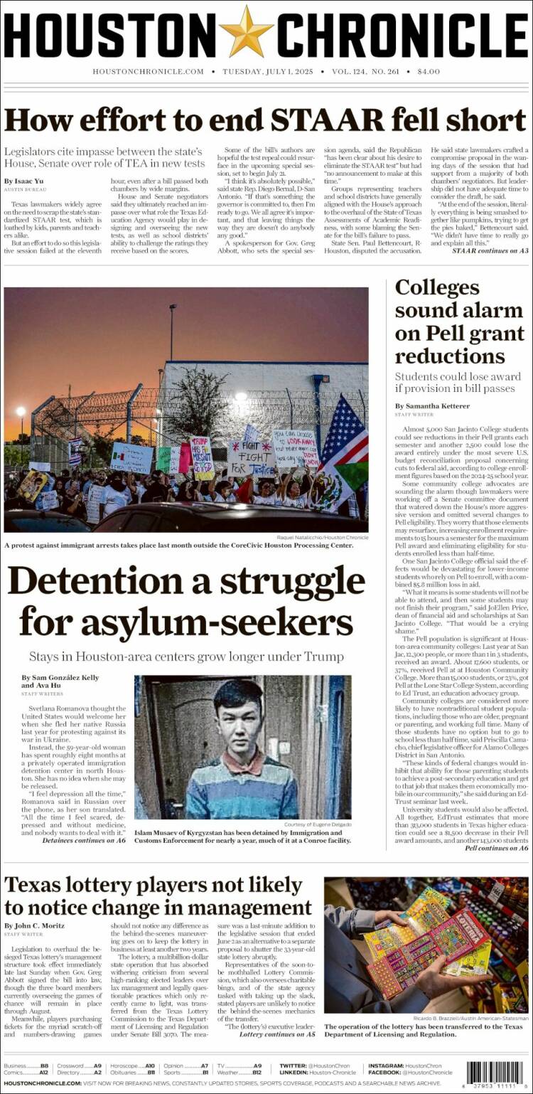 Portada de Houston Chronicle (USA)