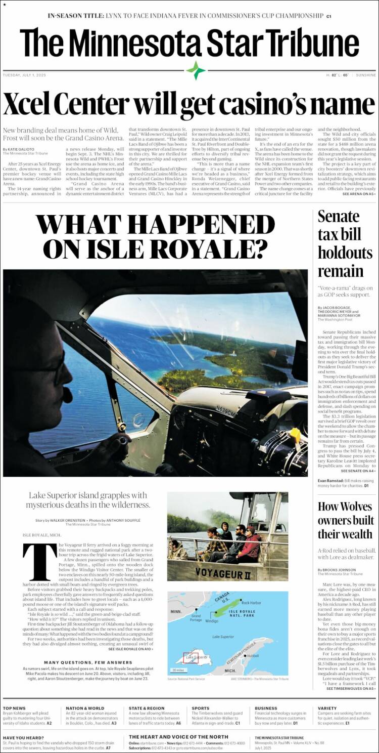 Portada de Star Tribune (États-Unis)