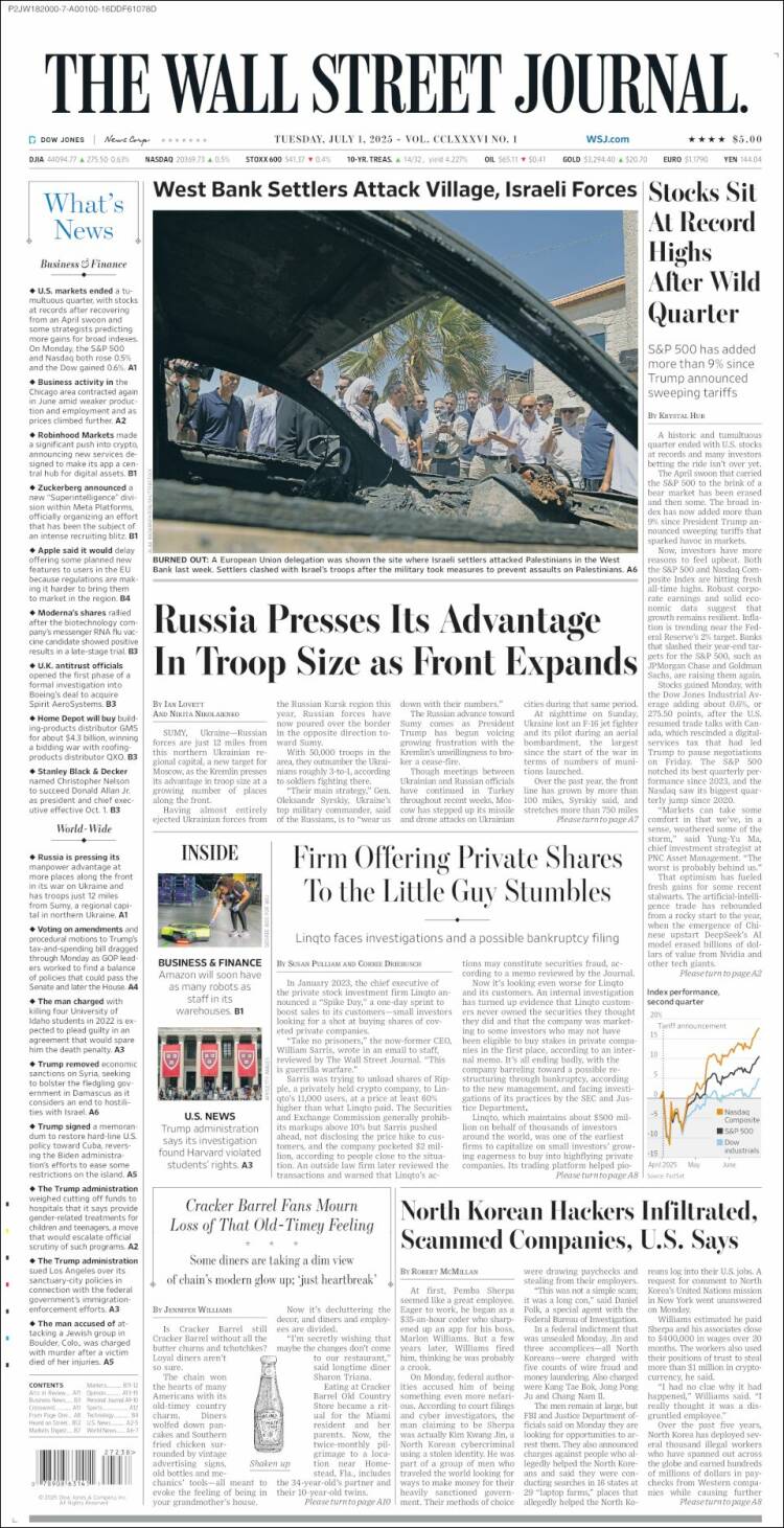 Portada de Wall Street Journal (USA)