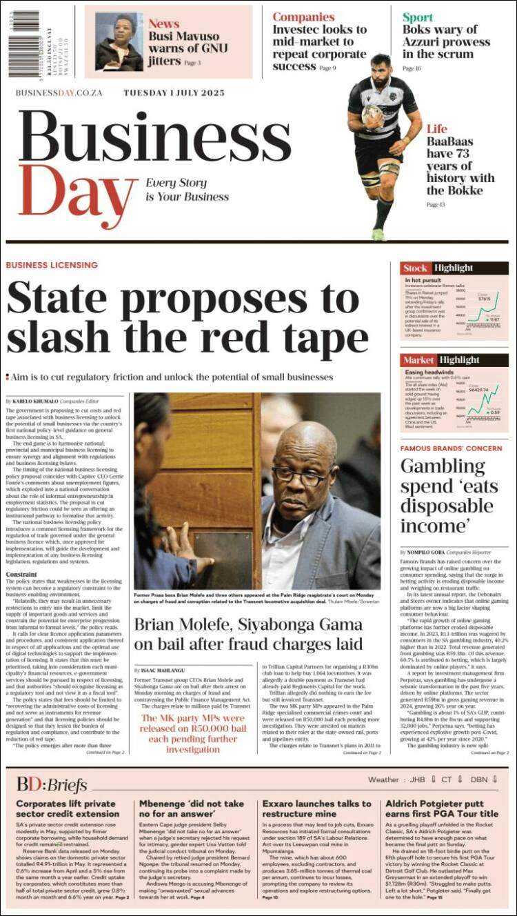 Portada de Business Day (Sudáfrica)