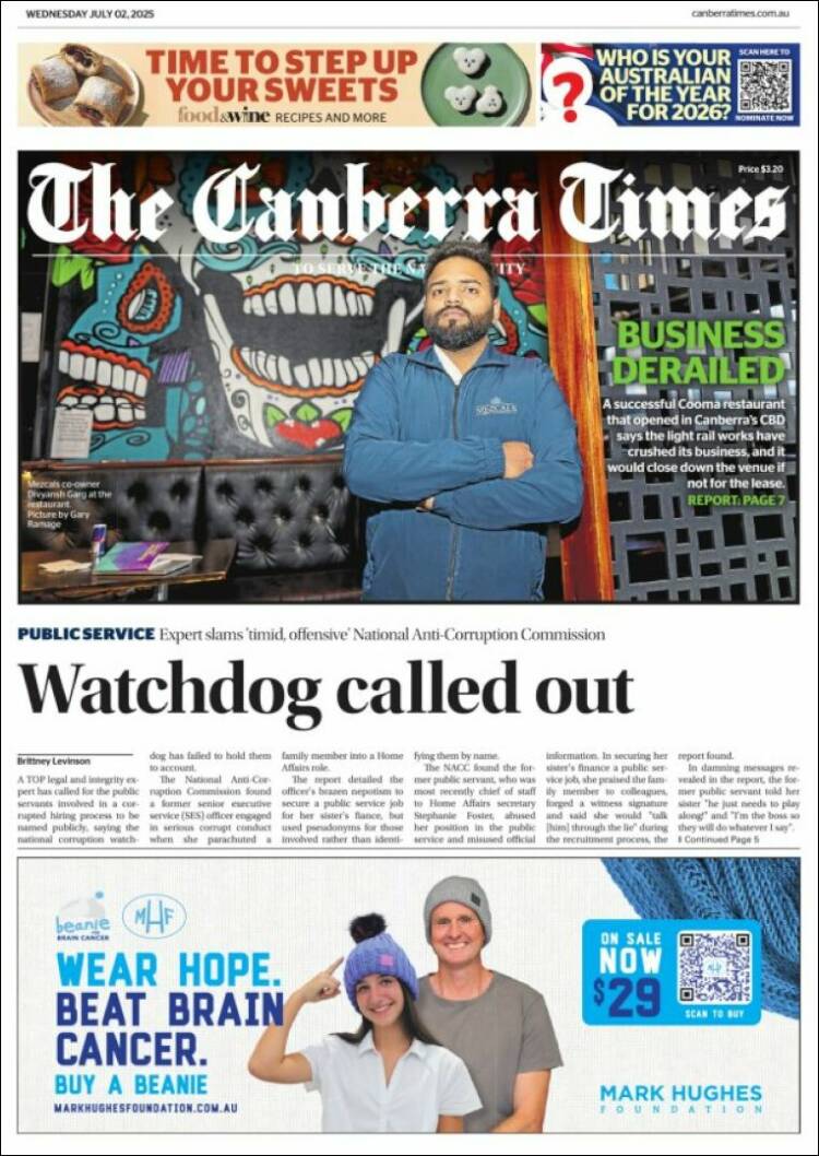 Portada de The Canberra Times (Australia)