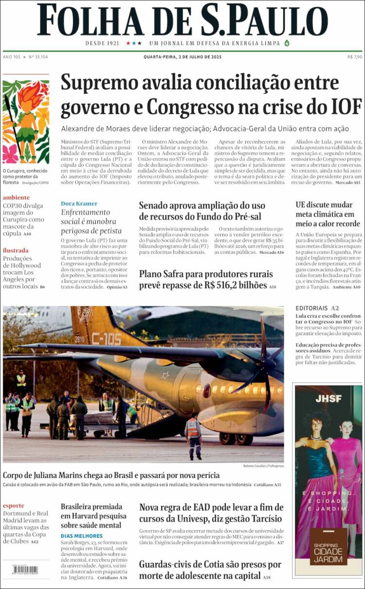 Portada de Folha de São Paulo (Brasil)