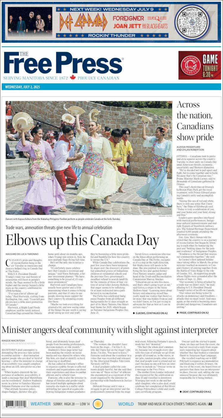 Portada de Winnipeg Free Press (Canada)