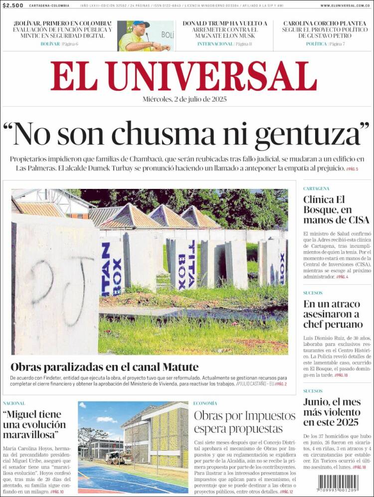 Portada de El Universal (Colombia)