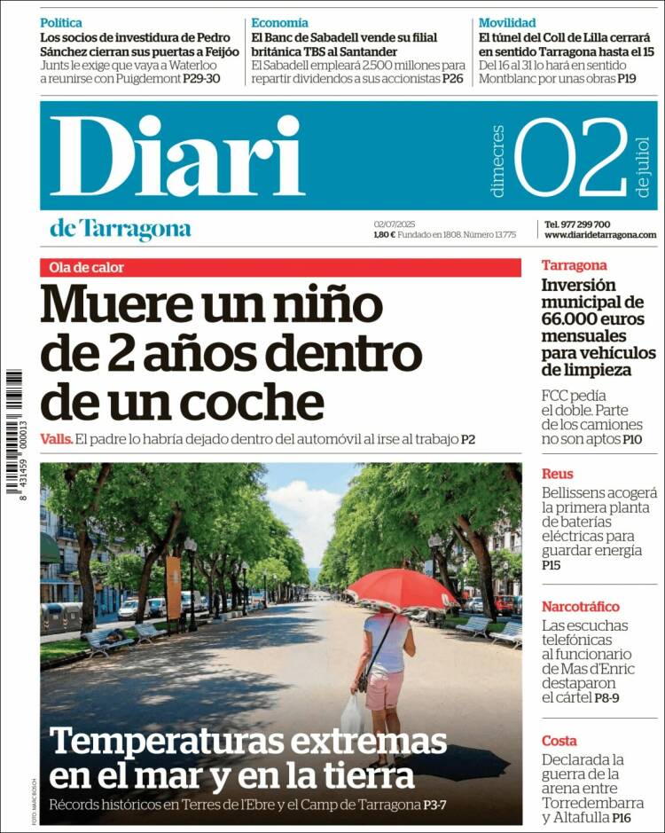 Portada de Diari de Tarragona (España)