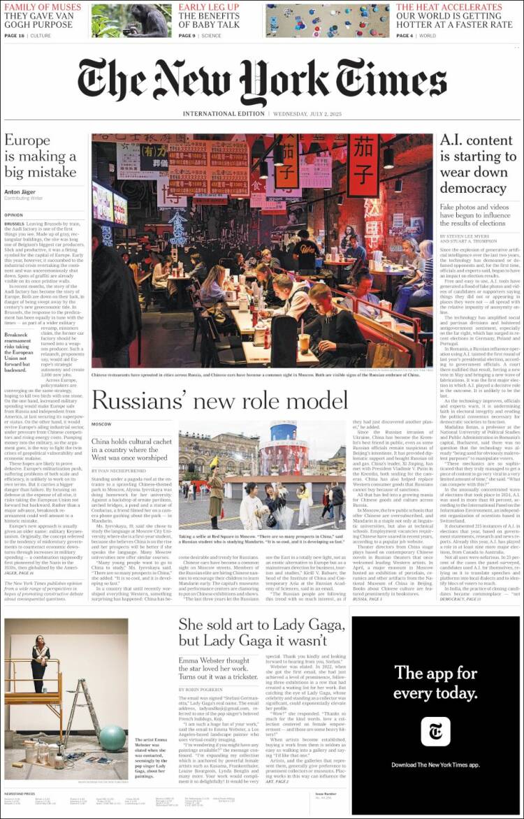 Portada de International New York Times (Europe)