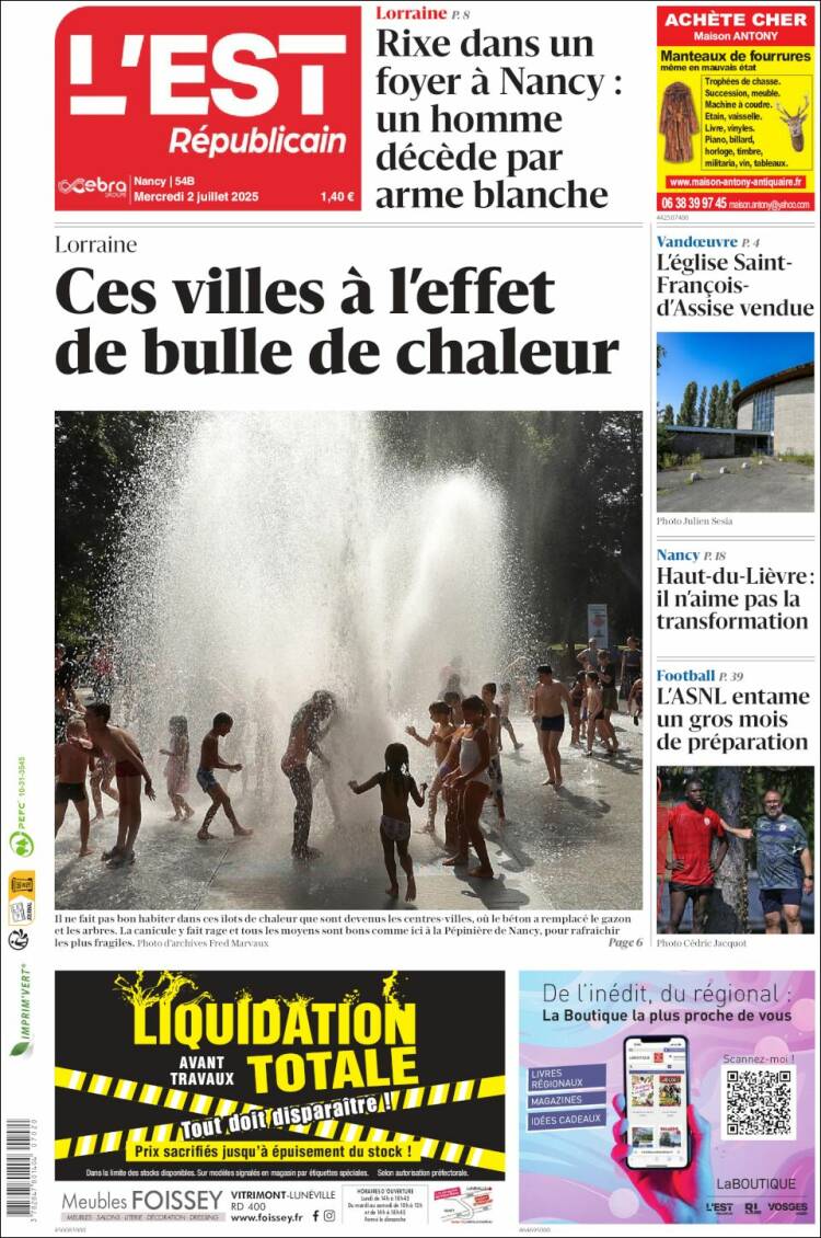 Portada de L'Est Republicain (Francia)