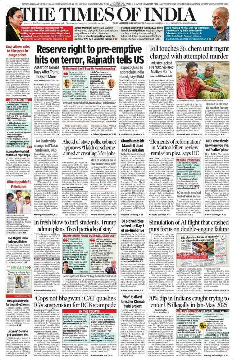 Portada de The Times of India (India)