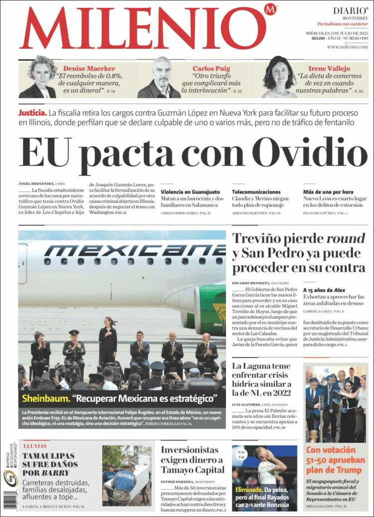 Portada de Milenio de Monterrey (México)