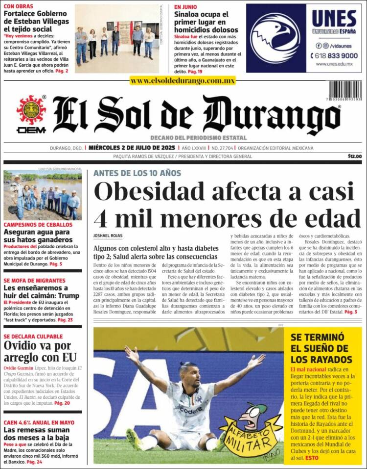 Portada de El Sol de Durango (México)