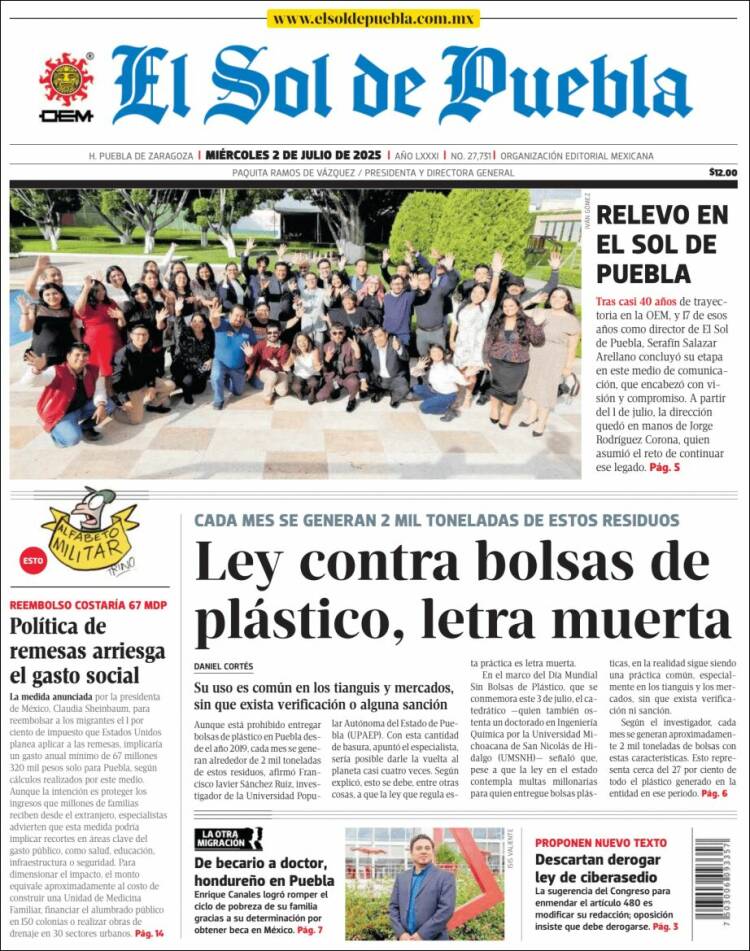Portada de El Sol de Puebla (México)