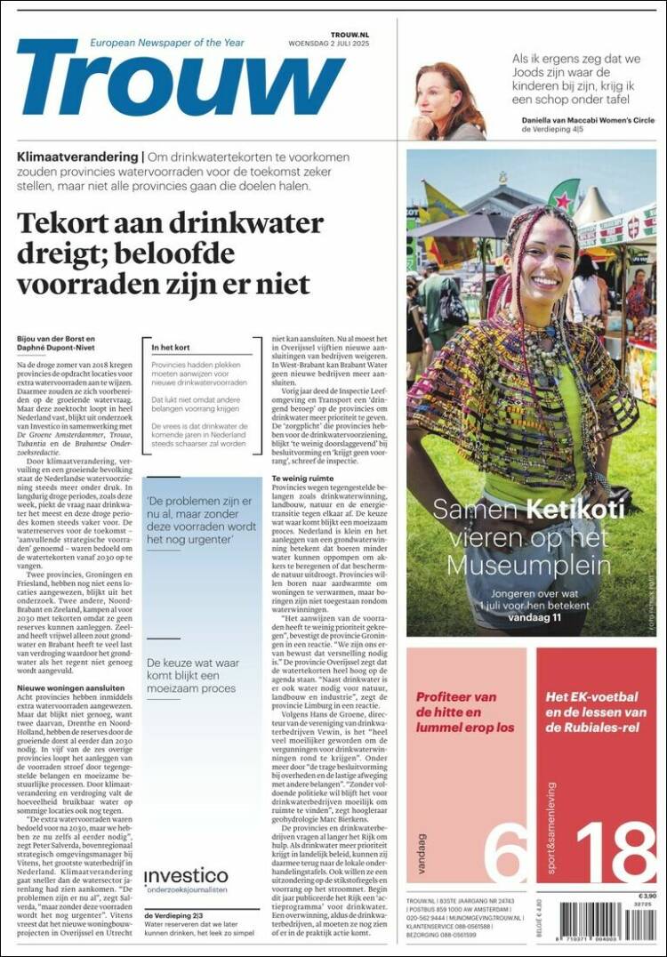 Portada de Trouw (Países Bajos)