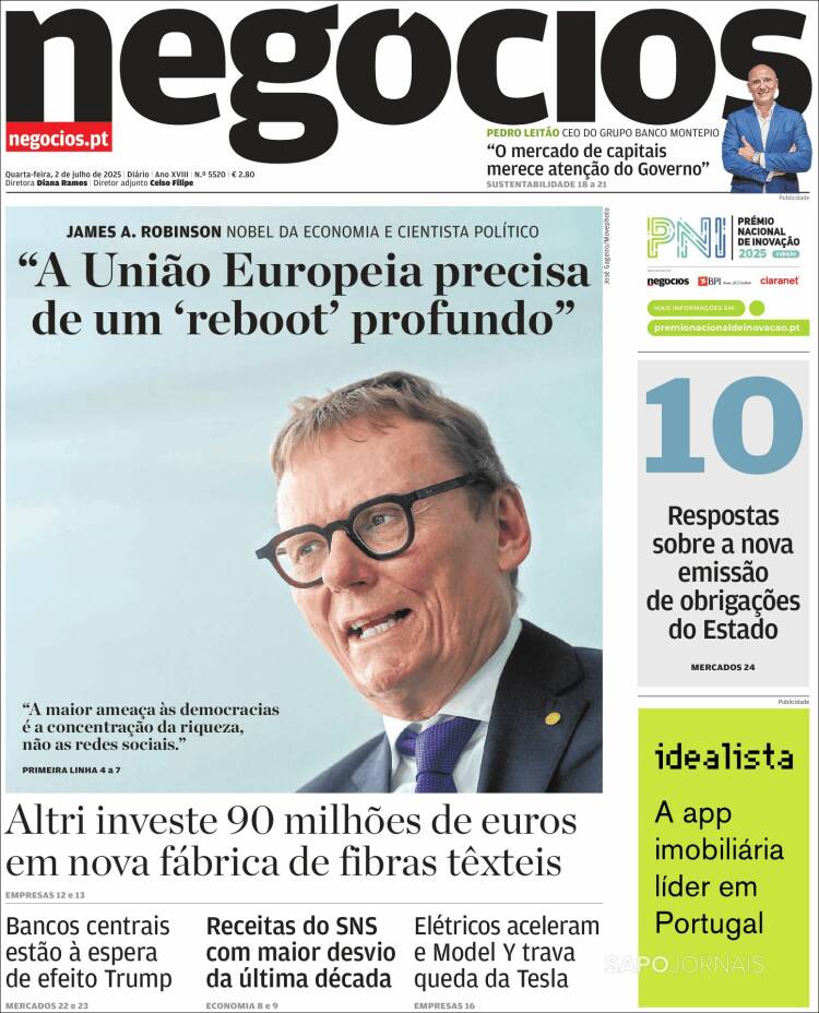 Portada de Jornal de Negócios (Portugal)