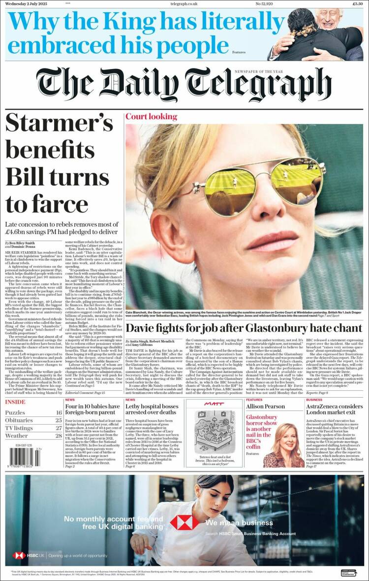 Portada de Daily Telegraph (Reino Unido)