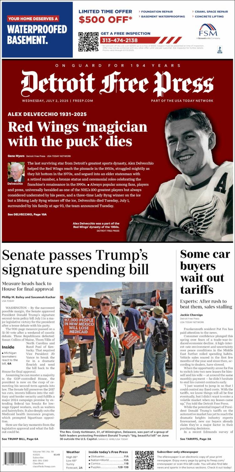 Portada de Detroit Free Press (USA)