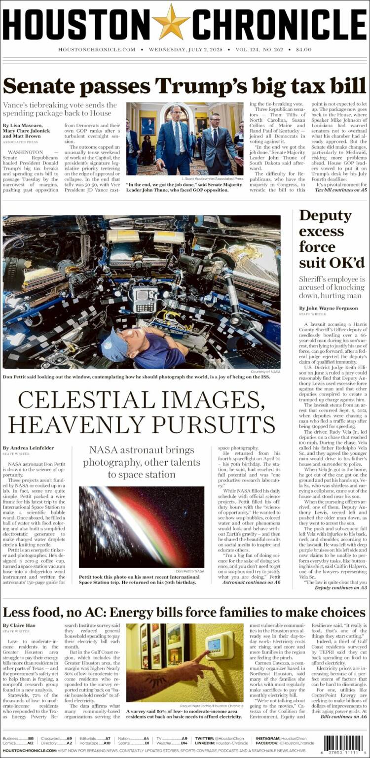 Portada de Houston Chronicle (USA)